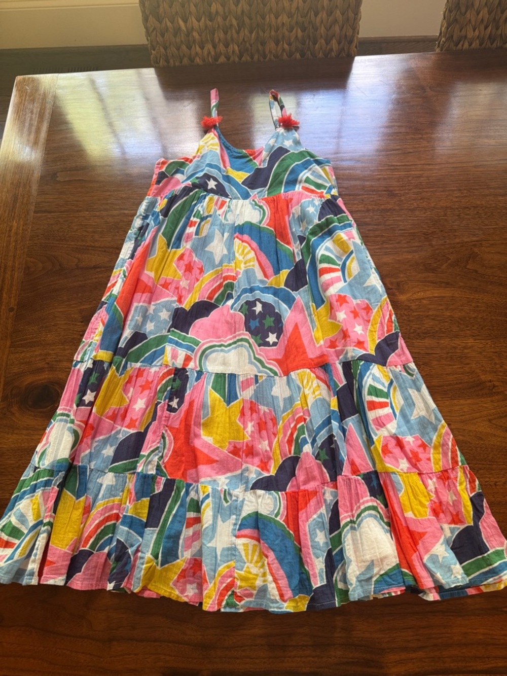Boden Multicolor Rainbow & Star Tiered Sundress in Pink, Blue, Yellow, Green
